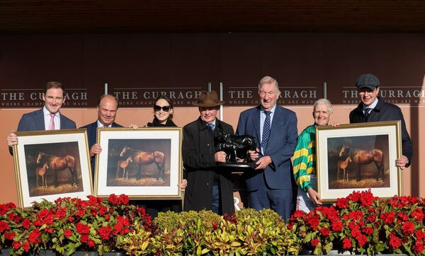 Jockey Niall McCullagh, trainer Joseph O'Brien and connections are presented with their after Puturhandstogether won The Friends Of The Curragh Irish Cesarewitch Photo: ©Lorraine O’Sullivan 