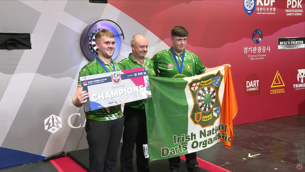 Aidan O'Hara and Jack Courtney, with their manager Paddy Cullen, are champions in Seoul. Aidan O'Hara and Jack Courtney, with their manager Paddy Cullen, are champions in Seoul.