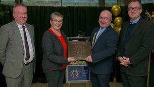 <p>Maynooth University Chief Operations Officer Dr Mike O'Malley, Chair of Maynooth Tidy Towns Committee Breedge Conway, Kildare Councillor Brendan Wyse and Rev Dr Michael Shortall, President of St Patrick's Pontifical University at the gold medal homecoming event </p>