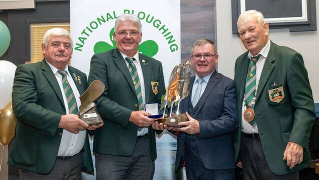 Eamonn Tracey from Carlow, winner of the Conventional senior competition, is presented with the Esso Supreme trophy, NPA Trophy and gold medal by NPA chairman John Deery, Sean O'Brien, leas-cathaoirleach of Offaly County Council, and NPA president Mick Mahon at the Ploughing 2025 awards in Tullamore today (Sunday) Photo: Alf Harvey <p>Eamonn Tracey from Carlow, winner of the Conventional senior competition, is presented with the Esso Supreme trophy, NPA Trophy and gold medal by NPA chairman John Deery, Sean O'Brien, leas-cathaoirleach of Offaly County Council, and NPA president Mick Mahon at the Ploughing 2025 awards in Tullamore today (Sunday) Photo: Alf Harvey</p>