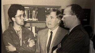 <p>Seamus Taaffe, Frank Taaffe and Liam Kenny at Athy Museum Society lecture in the Town Hall circa 1989</p>