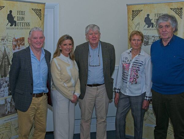 Commemorative Sculpture committee, Gay McKeon, Lucina Russell, Padraic MacMathúna, Jane Flynn, Paddy Glacken, at the unveiling ceremony of the Commemorative Sculpture for Master Piper Liam O’Flynn in his hometown of Kill, Friday Photos: Tony Keane