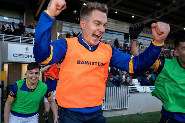 Grangenolvin Manager David Conway celebrates at full time.