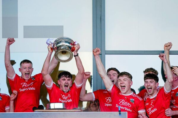 Athy captain David Hyland lifts the Dermot Bourke Cup Photo: ©INPHO/James Lawlor Athy captain David Hyland lifts the Dermot Bourke Cup Photo: ©INPHO/James Lawlor