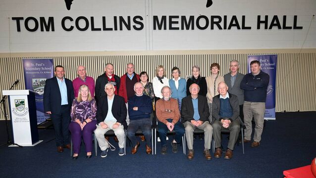 <p>At the official renaming ceermony of the gym in St Paul's Secondary School were principal Brian Bergin and former teaching colleagues of Tom Collins Photos: Jimmy Fullam</p>