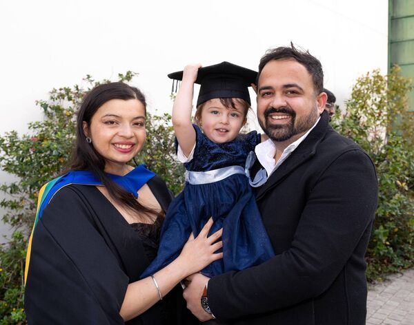Natalia Vanesa Puentes Lopez (L) from Kildare is pictured alongside her daughter Aayra Vashist Puentes (C) and her husband Sumit Vashist Puentes (R) after graduating with a Master of Science in Pharmaceutical Regulatory Affairs  Natalia Vanesa Puentes Lopez (L) from Kildare is pictured alongside her daughter Aayra Vashist Puentes (C) and her husband Sumit Vashist Puentes (R) after graduating with a Master of Science in Pharmaceutical Regulatory Affairs