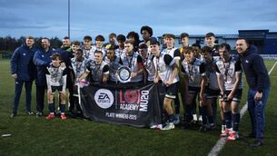 <p>Klub Kildare's U20s celebrate after their win in the U20 Plate Final</p>