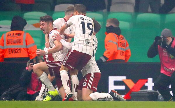 Feely is mobbed by team-mates after scoring for Bohemians in the 2021 FAI Cup Final Photo: ©INPHO/Evan Treacy Feely is mobbed by team-mates after scoring for Bohemians in the 2021 FAI Cup Final Photo: ©INPHO/Evan Treacy