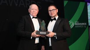 <p>Jason Carolan from Aldi Ireland, winner of the ESG Leader Award, alongside Dominic Henry from Producer Register Ireland, the award sponsor Credit: Robbie Reynolds</p>