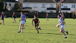 <p>Ruaidhri Lawlor carries the ball forward for Knockbeg College during today's win over St Fintans</p> <p>Ruaidhri Lawlor carries the ball forward for Knockbeg College during today's win over St Fintans</p>