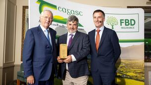 <p>Michael Berkery, Chairman of FBD Trust, alongside tillage farmer Tom Tierney (middle), Tillage who received the ‘Enhancing Biodiversity’ category award at the Teagasc/FBD Environmental Sustainability Awards</p>