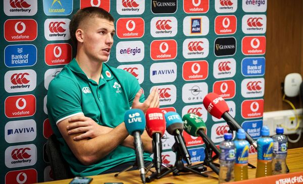 Sam Prendergast cut a relaxed figure during his press duties this week at the IRFU High Performance Centre in Blanchardstown. Photo: ©INPHO/Nick Elliott Sam Prendergast cut a relaxed figure during his press duties this week at the IRFU High Performance Centre in Blanchardstown. Photo: ©INPHO/Nick Elliott