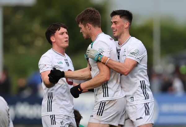 Celebrating this year's Tailteann Cup quarter-final win over Offaly with Jack McKevitt and Kevin Feely Photo: ©INPHO/Bryan Keane