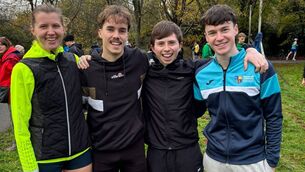 <p>Le Cheile athletes competing in the IUAA Road Relays (L to R) Saoirse Reynolds (UCD), Keely Hogan (TUD), Oran Poole (MU) Dylan Hanratty (MU) Photo: Le Cheile AC</p> <p>Le Cheile athletes competing in the IUAA Road Relays (L to R) Saoirse Reynolds (UCD), Keely Hogan (TUD), Oran Poole (MU) Dylan Hanratty (MU) Photo: Le Cheile AC</p>
