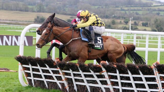 <p>Brighter Days Ahead and State Man contesting last years' Morgiana Hurdle at Punchestown Photo:©INPHO/Peter Mooney</p>