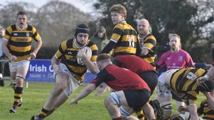 <p>Jack Moore (Newbridge) runs into traffic as New Ross try to close down the explosive flanker on an ice-cold afternoon in Rosetown.</p> <p>Jack Moore (Newbridge) runs into traffic as New Ross try to close down the explosive flanker on an ice-cold afternoon in Rosetown.</p>