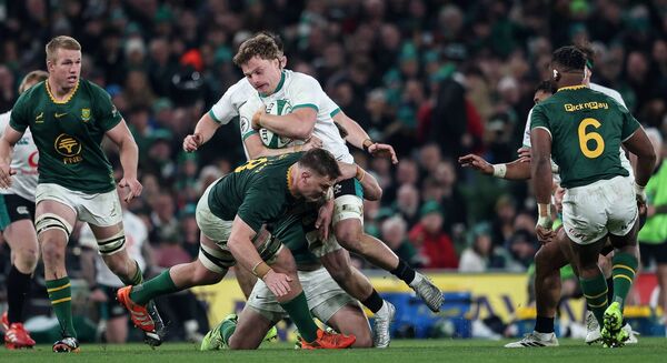 Cian Prendergast barges over Springbok Jasper Wiese during Ireland's defeat to South Africa. Mandatory Credit ©INPHO/Gary Carr Cian Prendergast barges over Springbok Jasper Wiese during Ireland's defeat to South Africa. Mandatory Credit ©INPHO/Gary Carr
