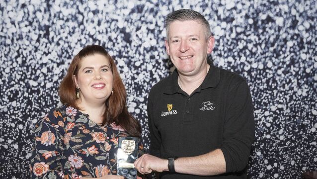 <p>Gosia winner of Best Female and Best Singer Songwriter presented by Brendan Kelly of The Duke</p>