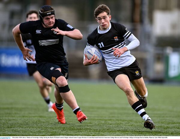 Harry Mahon came on to help Newbridge College close out the game as they beat Cistercian College Roscrea in Donnybrook to book their place in a fourth consecutive Bank of Ireland Leinster Rugby Schools Senior League Division 1A Final. Photo: Tyler Miller/Sportsfile Harry Mahon came on to help Newbridge College close out the game as they beat Cistercian College Roscrea in Donnybrook to book their place in a fourth consecutive Bank of Ireland Leinster Rugby Schools Senior League Division 1A Final. Photo: Tyler Miller/Sportsfile
