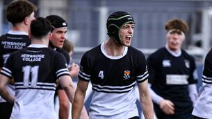 <p>Jack Garvey celebrates his try for Newbridge College during their victory over Cistercian College Roscrea in the Bank of Ireland Leinster Rugby Schools Senior League Division 1A semi-final at Energia Park. Photo: Tyler Miller/Sportsfile </p>