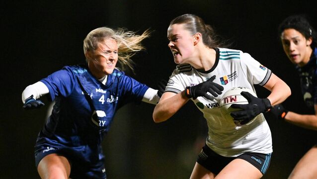 <p>Niamh Hayes of Maynooth University in action against Aoíbhe Hoary of TUD during the Curran Cup semi final between Maynooth University and TUD at Maynooth University in Kildare Photo: Stephen Marken</p>