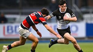 <p>Newbridge College's sensational winger Luke Kelly hands off Wesley College's full back Max Colbert during the Leinster Rugby Schools Senior League Division 1A final at Energia Park, Dublin. Photo: Shauna Clinton/Sportsfile </p> <p>Newbridge College's sensational winger Luke Kelly hands off Wesley College's full back Max Colbert during the Leinster Rugby Schools Senior League Division 1A final at Energia Park, Dublin. Photo: Shauna Clinton/Sportsfile </p>
