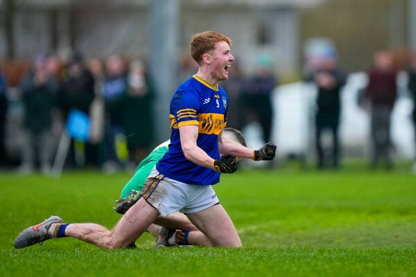 Conall Bergin celebrates his first half goal Photo: James Lawlor