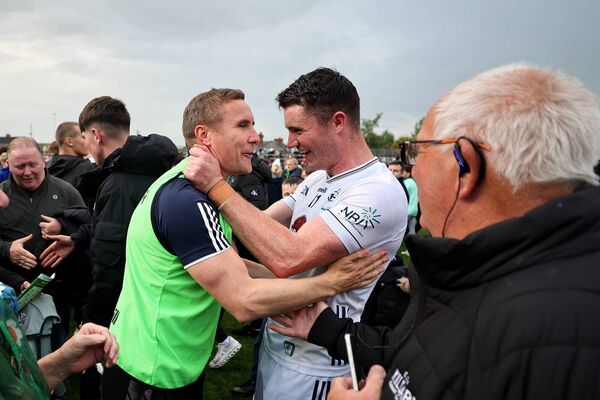 Kildare and Tailteann Cup Player of the Year Alex Beirne celebrate the Tailteann Cup quarter-final win over Offaly at Cedral St Conleths Park Photo: ©INPHO/Bryan Keane