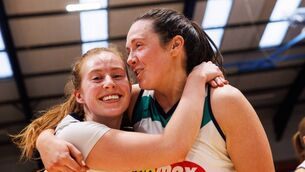 <p>FloMAX Liffey Celtics' Sorcha Tiernan and Aine O'Connor celebrate winning Photo: ©INPHO/Tom Maher</p>