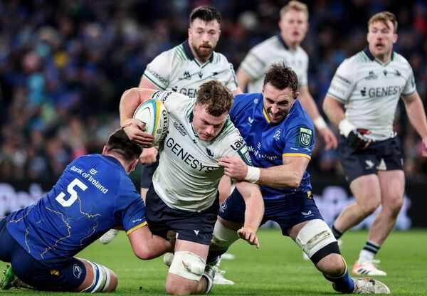 Connacht's Cian Prendergast is tackled by Leinster's Jack Conan and Brian Deeny. Photo: INPHO/Dan Sheridan Connacht's Cian Prendergast is tackled by Leinster's Jack Conan and Brian Deeny. Photo: INPHO/Dan Sheridan