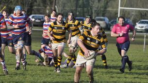 <p>Dave Morgan leads the charge for Newbridge in their Leinster League clash with North Kildare. All Photos: Martin Rowe.</p>