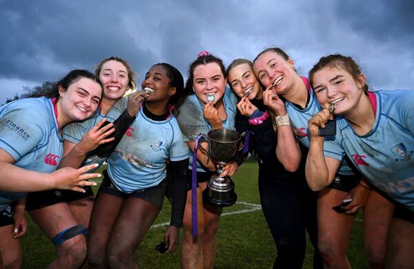 MU Barnhall players celebrate their victory over Enniskillen in Dundalk on Sunday.