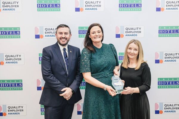 Aidan O’Sullivan and Siobhan Cullen from Kilkea Castle Hotel &amp; Golf Resort pictured with Irish Hotels Federation (IHF) Director of People Services, Deirdre Fitzsimons 