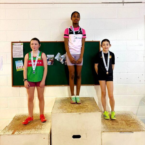 Girls u13 Hurdles (L to R) Sarah Cousins (Suncroft), O'Jane Bangura (Clane) and Layla Ni Draighean (Naas).