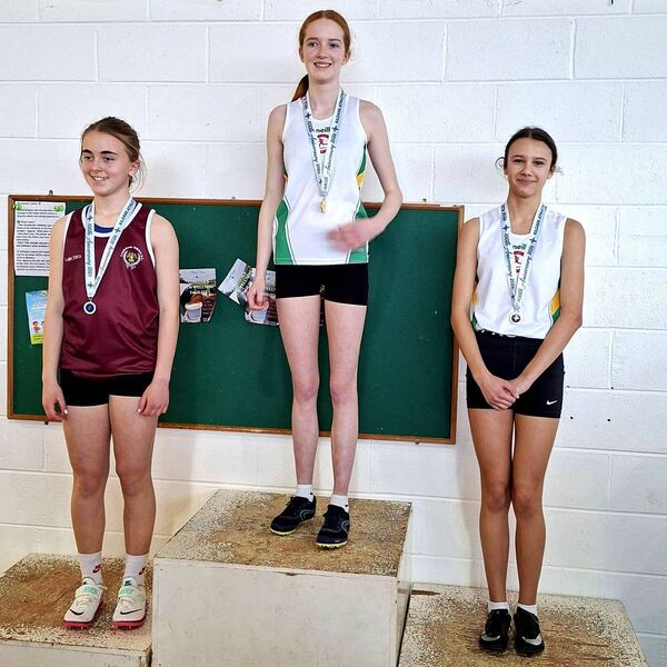 Girls u15 High Jump (L to R) Ella Murphy (Crookstown-Millview), Sarah Fahy (Crookstown-Millview) and Mia Mujadin (St Coca's).