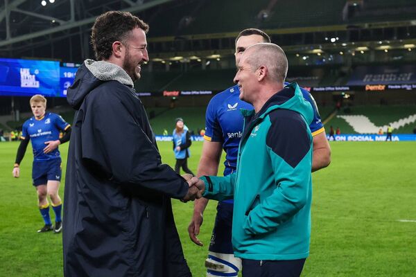 Will Connors and Stuart Lancaster greet each other after the recent game between Leinster and Connacht at Aviva Stadium. Photo: INPHO/James Crombie.