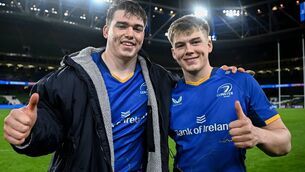 <p>Brothers Diarmuid Mangan, and Ciarán Mangan celebrate after the United Rugby Championship match between Leinster and Edinburgh at the Aviva Stadium Photo: Seb Daly/Sportsfile</p>