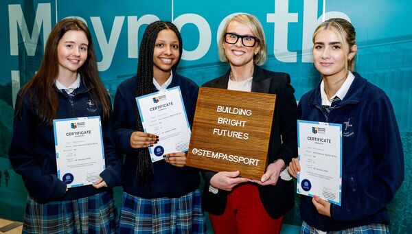Abbey Hilliard, Jazmin Pelle, Olive Keenan (teacher), and Kerrie Maloney from Ardscoil Rath Iomgháin, at the STEM Passport for Inclusion graduations in Maynooth University