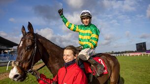 <p>Mark Walsh on Majborough celebrates winning The Ladbrokes Dublin Steeplechase Photo: ©INPHO/Morgan Treacy</p>