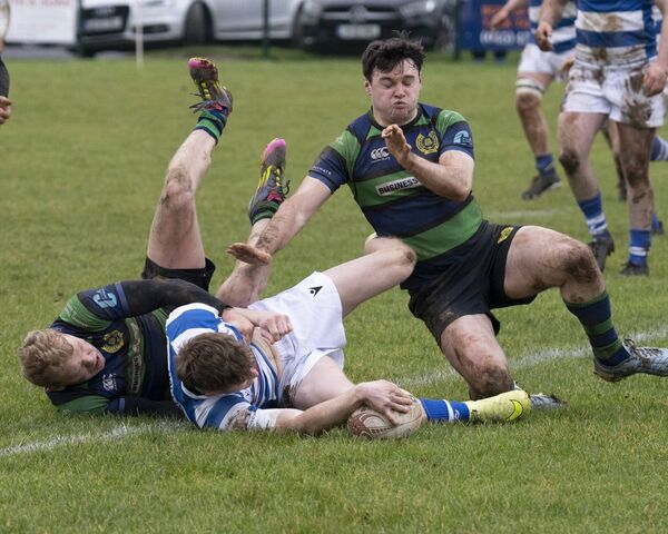 Athy winger Ciaran Fennessy gets over the line for the first of his two sensational tries. 