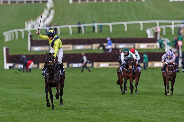 Sean Flanagan celebrates after Marine Nationale won the The BetMGM Queen Mother Champion Chase at last year's Cheltenham Festival Photo: ©INPHO/Tom Maher
