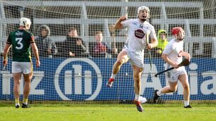 <p>Muiris Curtin celebrates scoring his second, and Kildare's third, goal in their brilliant Allianz Hurling League win over Antrim Photo: ©INPHO/Grace Halton</p>