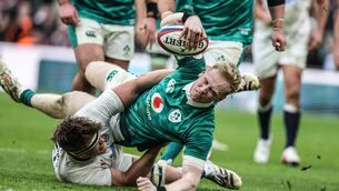 <p>Jamie Osborne scores a simply sensational try as Ireland demolished England on Saturday in London. Photo: INPHO</p>