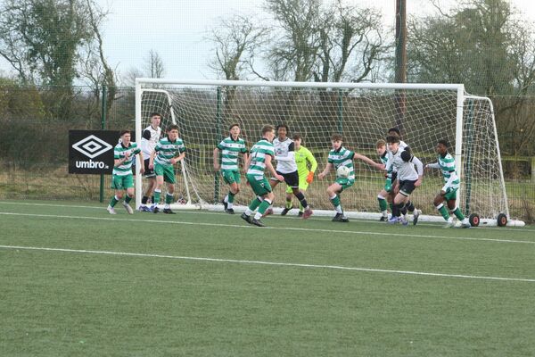 Shamrock Rovers defend in numbers to protect their goal from this Klub Kildare attack Shamrock Rovers defend in numbers to protect their goal from this Klub Kildare attack