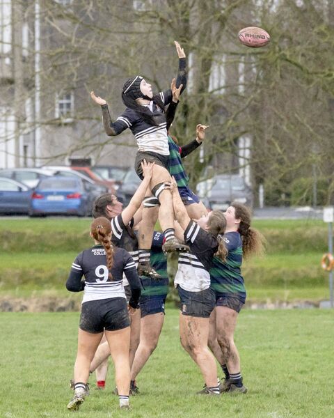 Lineout battle in the Leinster Girls Senior Cup game between Scoil Chríost Rí and Newbridge College.
