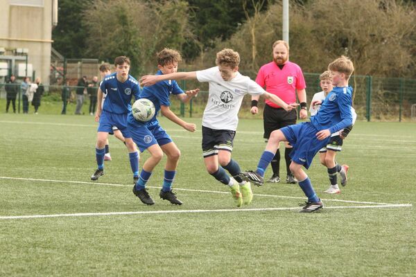 Two-v-one as Klub Kildare's Luigi Valetter tries to get into the Bray box in the U14 game on Sunday.