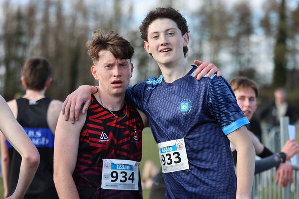 Rhys Johnson (Pipers Hill) and Harry Cahill (Maynooth PP) competing at the All Ireland Schools Senior Boys 6000m.