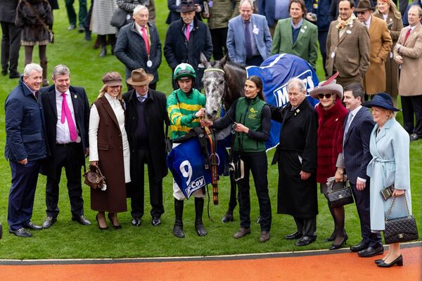 Saratoga and all the winning connections including jockey Mark Walsh, groom Katie Young, owner JP McManus and trainer Padraig Roche Photo: ©INPHO/Morgan Treacy