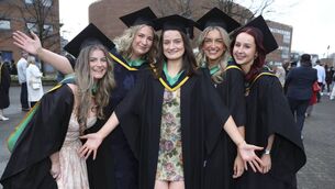 <p>Jessica O’Neill of Newbridge (second from left) graduated from DCU after receiving a Bachelor of Science in Nursing (General ) during the Spring Graduation Ceremony. Also pictured are Sophie Kinahan, Swords,Abbie Harte, Tullamore ,Kelly O’Rourke,Carlow Town and Hannah Gorman, Swords Photo:Kyran O’Brien </p>