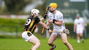 <p>Tim Ryan gets hit with a hurl in the head during the second half from Kilkenny's Ollie O'Donovan Photo: James Lawlor</p>